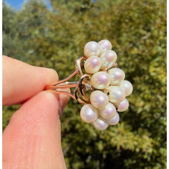 Vintage 14k Solid Yellow Gold Real Pearl & Natural Diamond Ring - Luster Cluster - Picture 3 of 12